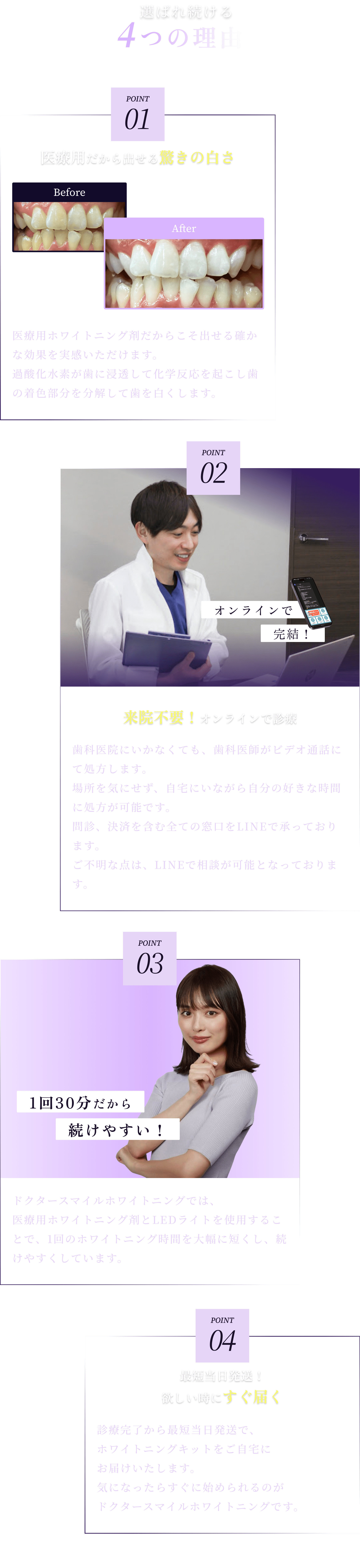 選ばれ続ける4つの理由
        医療用だから出せる驚きの白さ
        医療用ホワイトニング剤だからこそ出せる確かな効果を実感いただけます。
        過酸化水素が歯に浸透して化学反応を起こし歯の着色部分を分解して歯を白くします。

        来院不要！オンラインで診療
        歯科医院にいかなくても、歯科医師がビデオ通話にて処方します。
        場所を気にせず、自宅にいながら自分の好きな時間に処方が可能です。問診、決済を含む全ての窓口をLINEで承っております。
        ご不明な点は、LINEで相談が可能となっております。

        1日30分だから続けやすい！
        ドクタースマイルホワイトニングでは、
        医療用ホワイトニング剤とLEDライトを使用することで、1回のホワイトニング時間を大幅に短くし、続けやすくしています。

        最短当日発送！欲しい時にすぐ届く
        診療完了から最短当日発送で、
        ホワイトニングキットをご自宅に
        お届けいたします。
        気になったらすぐに始められるのが
        Dr.Smile Whiteningです。
      