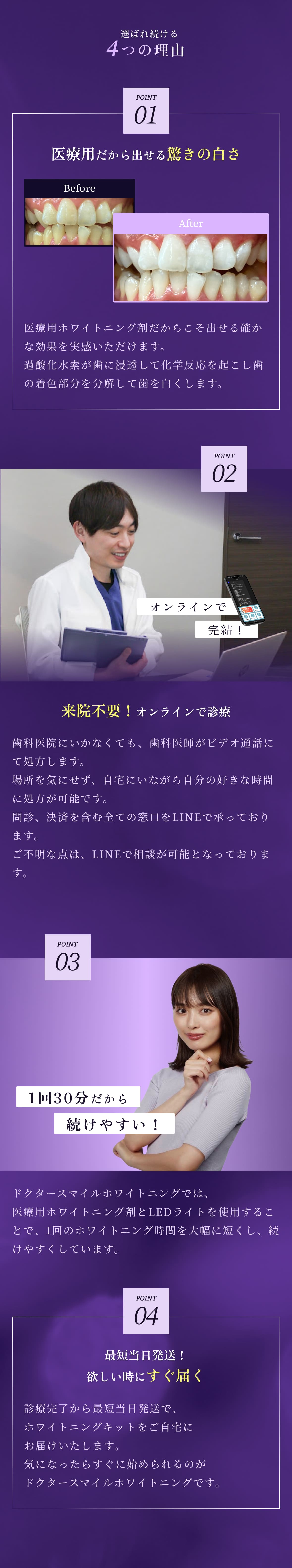 選ばれ続ける4つの理由
        医療用だから出せる驚きの白さ
        医療用ホワイトニング剤だからこそ出せる確かな効果を実感いただけます。
        過酸化水素が歯に浸透して化学反応を起こし歯の着色部分を分解して歯を白くします。

        来院不要！オンラインで診療
        歯科医院にいかなくても、歯科医師がビデオ通話にて処方します。
        場所を気にせず、自宅にいながら自分の好きな時間に処方が可能です。問診、決済を含む全ての窓口をLINEで承っております。
        ご不明な点は、LINEで相談が可能となっております。

        1日30分だから続けやすい！
        ドクタースマイルホワイトニングでは、
        医療用ホワイトニング剤とLEDライトを使用することで、1回のホワイトニング時間を大幅に短くし、続けやすくしています。

        最短当日発送！欲しい時にすぐ届く
        診療完了から最短当日発送で、
        ホワイトニングキットをご自宅に
        お届けいたします。
        気になったらすぐに始められるのが
        Dr.Smile Whiteningです。
      